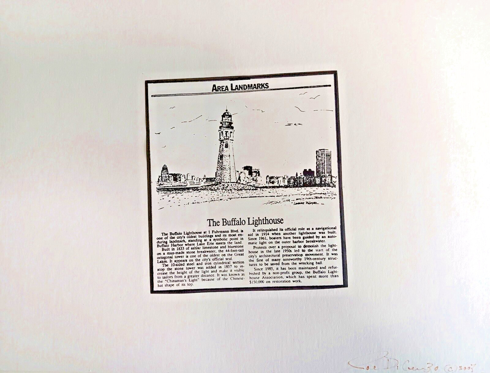 Photograph of Buffalo Lighthouse – TOTAL SIZE11″X14″, PHOTO SIZE 8″X11″ SIGNED