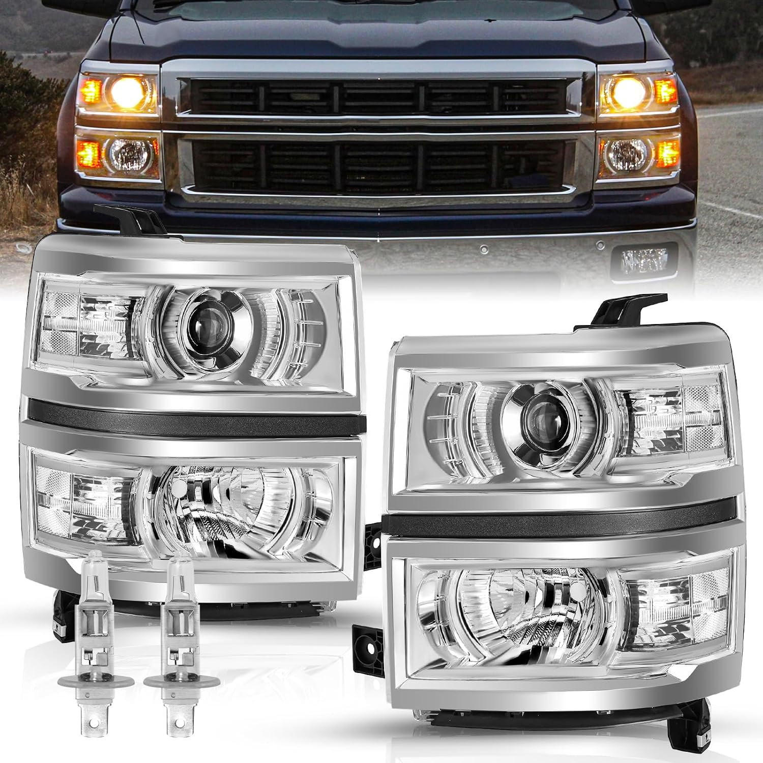 for 2014 2015 Chevy Silverado 1500 Projector Headlight Assembly Pair Halogen Fac