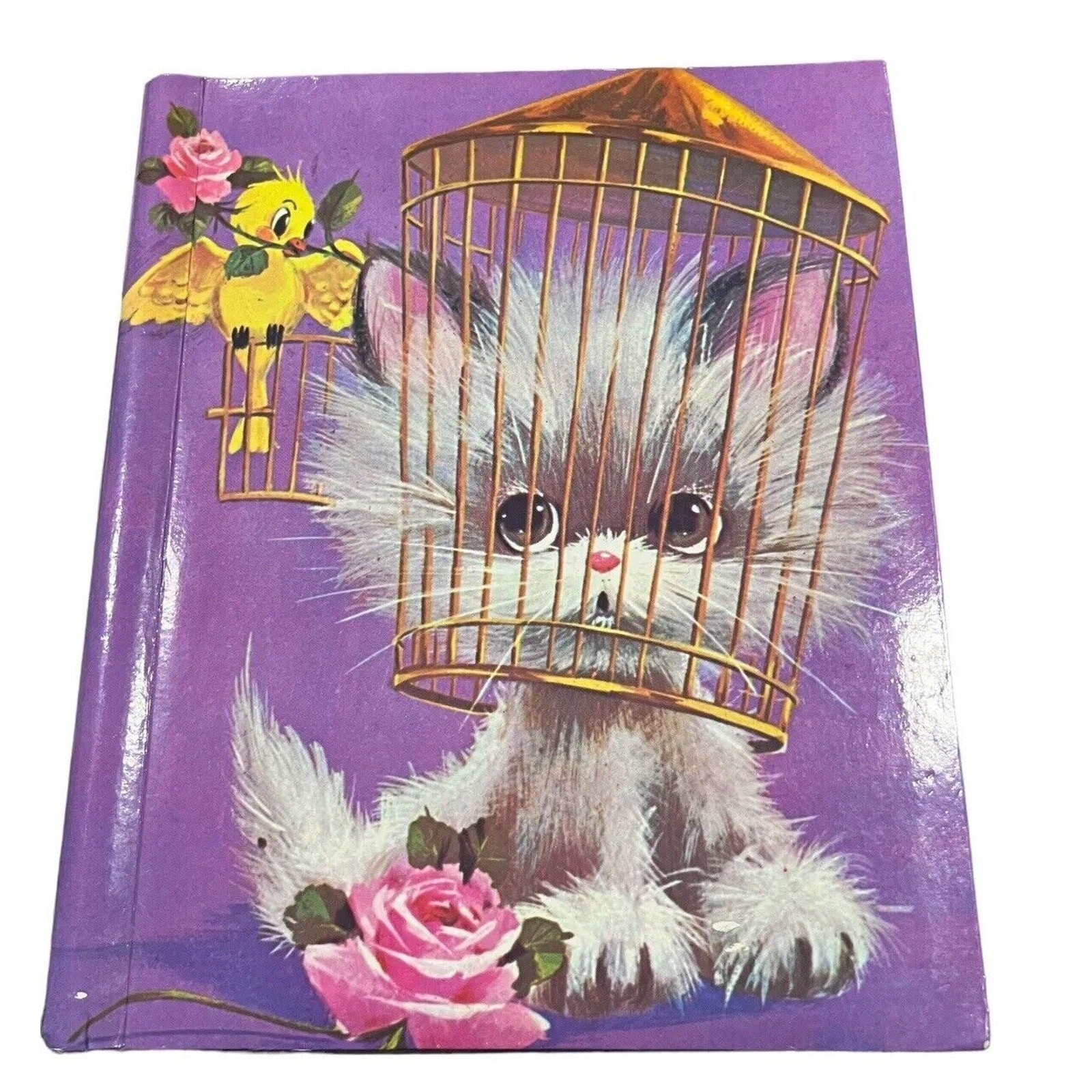 Vtg Photo Album Peel Stick Cat W/Head In Bird Cage Album Holder Organizer ‘71
