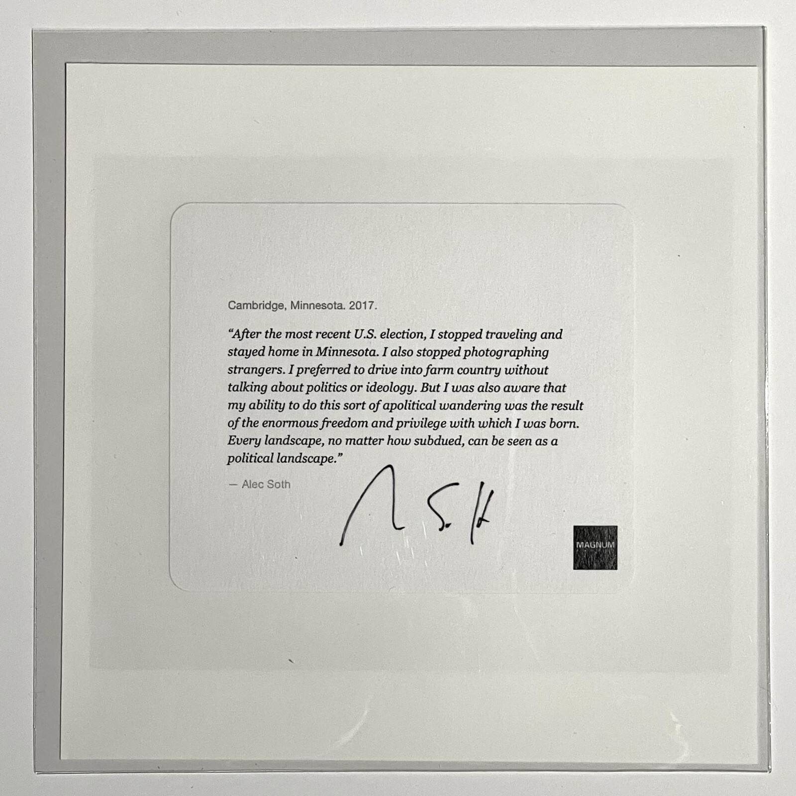 SIGNED Alec Soth Print – Cambridge, Minnesota. 2017 – Magnum Square Print 2018