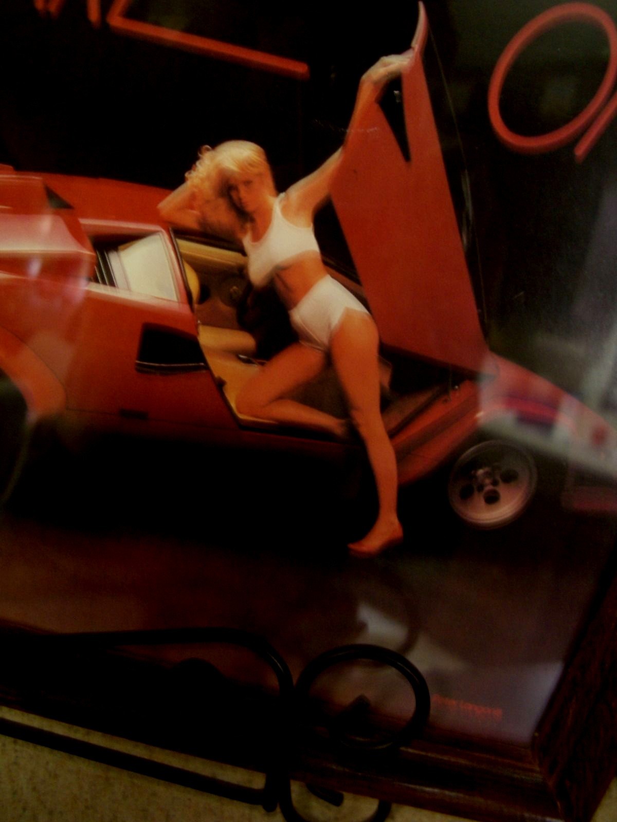 Vintage Peter Langone Photo/Red Sports Car/Sexy Girl//Dark Oak Wood Frame/11×9