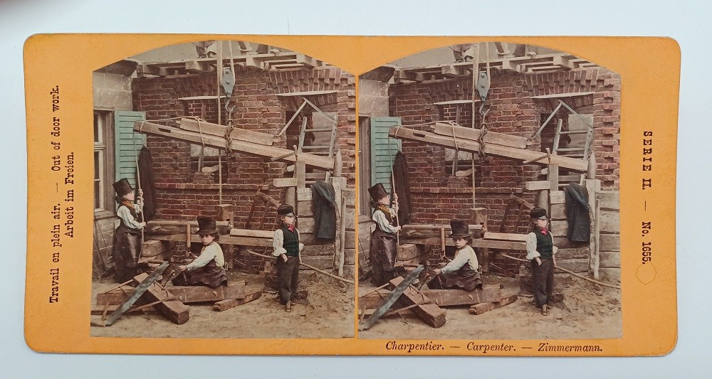 S844/Stereo Photo Children as Carpenter Carpenter Professions c.1880-90