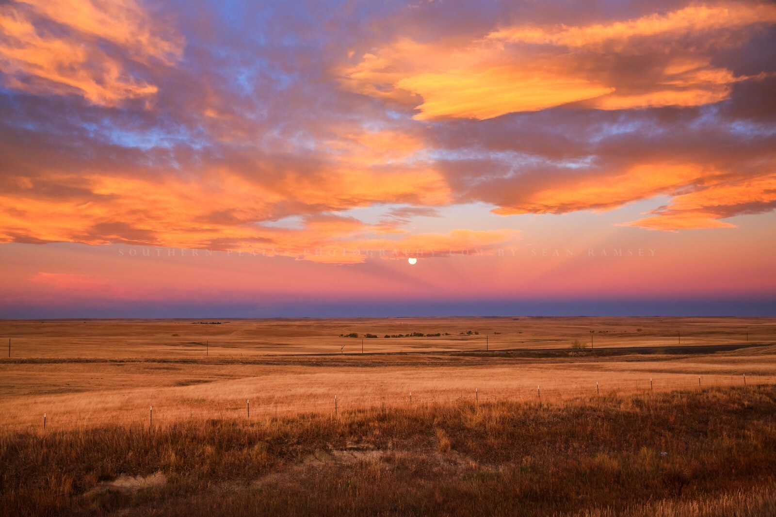 Great Plains Photography Print – Clouds Over Full Moon at Sunrise in Colorado