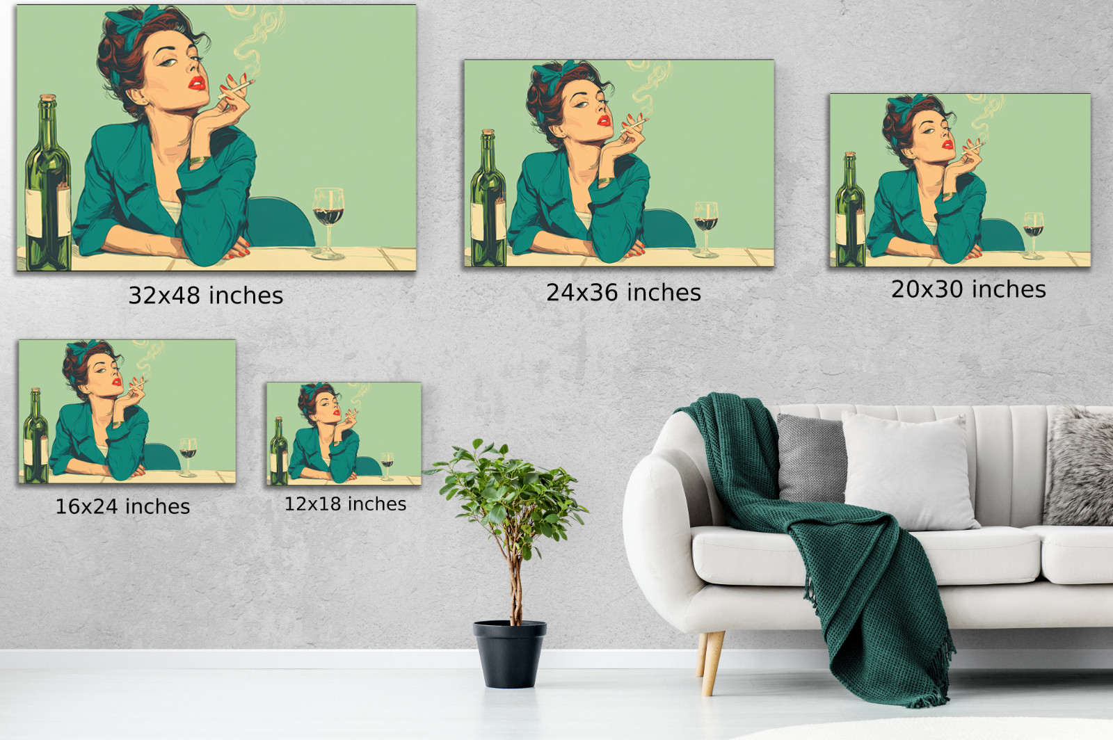 Retro Pop Art Woman Smoking Cigarette with Wine Bottle and Glass, Vintage Comic