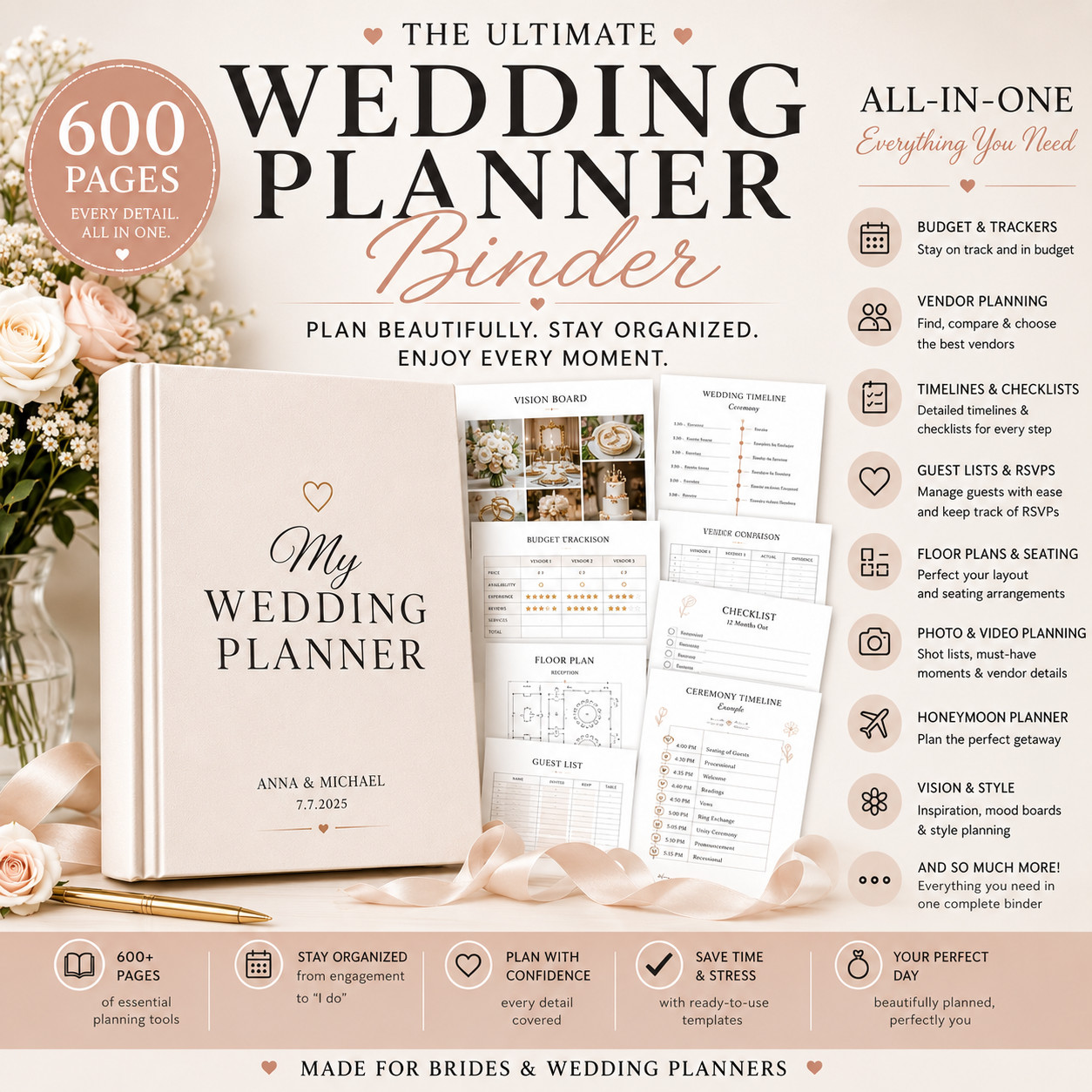 Digital 600 Wedding Planner /Binder Template Bundle, Wedding Checklist