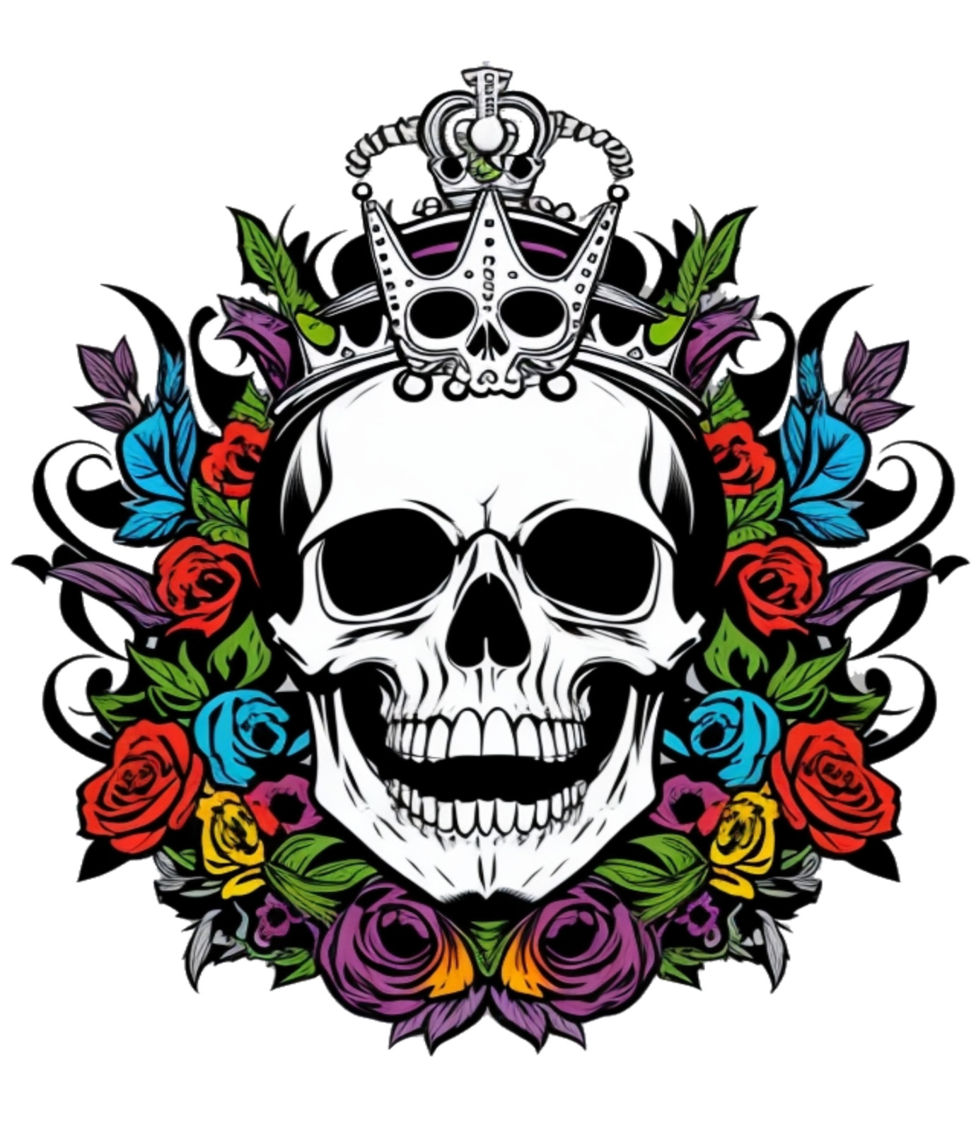 Digital Image Picture King Skull with Colorful Roses Art Print