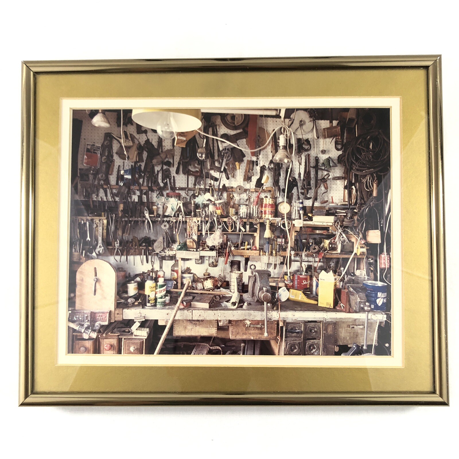 Densely Packed 1970 Workbench Gold Framed Photograph Pegboard Tools 9×11 in