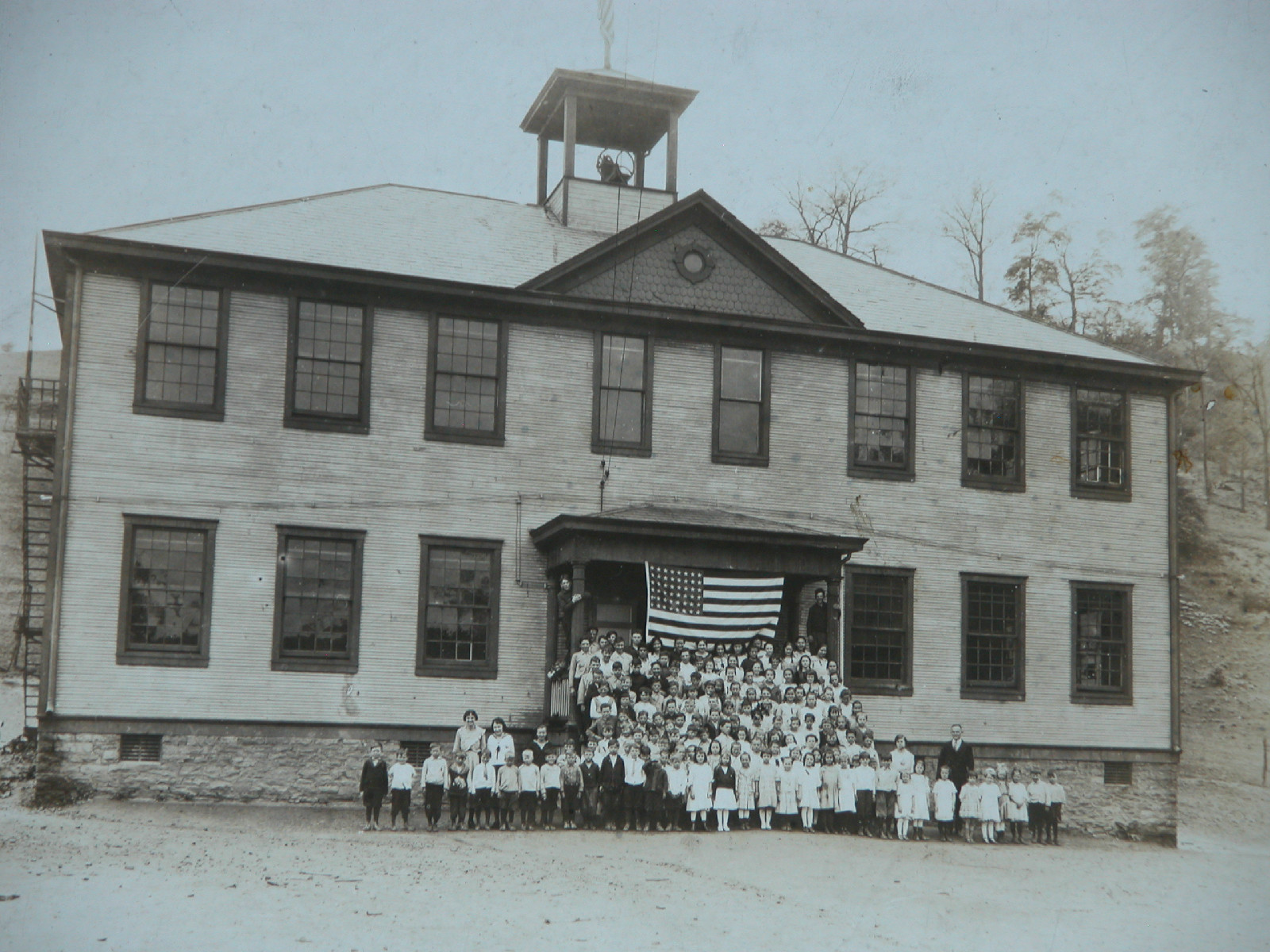 Vtg 30s B&W Photograph 48 Star Flag School Girls Boys Depression Era Americana