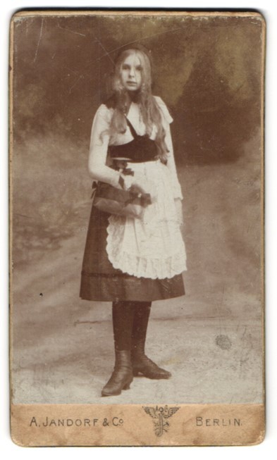Photograph A. Jandorf & Co., Berlin, girl as Little Red Riding Hood in costume with basket