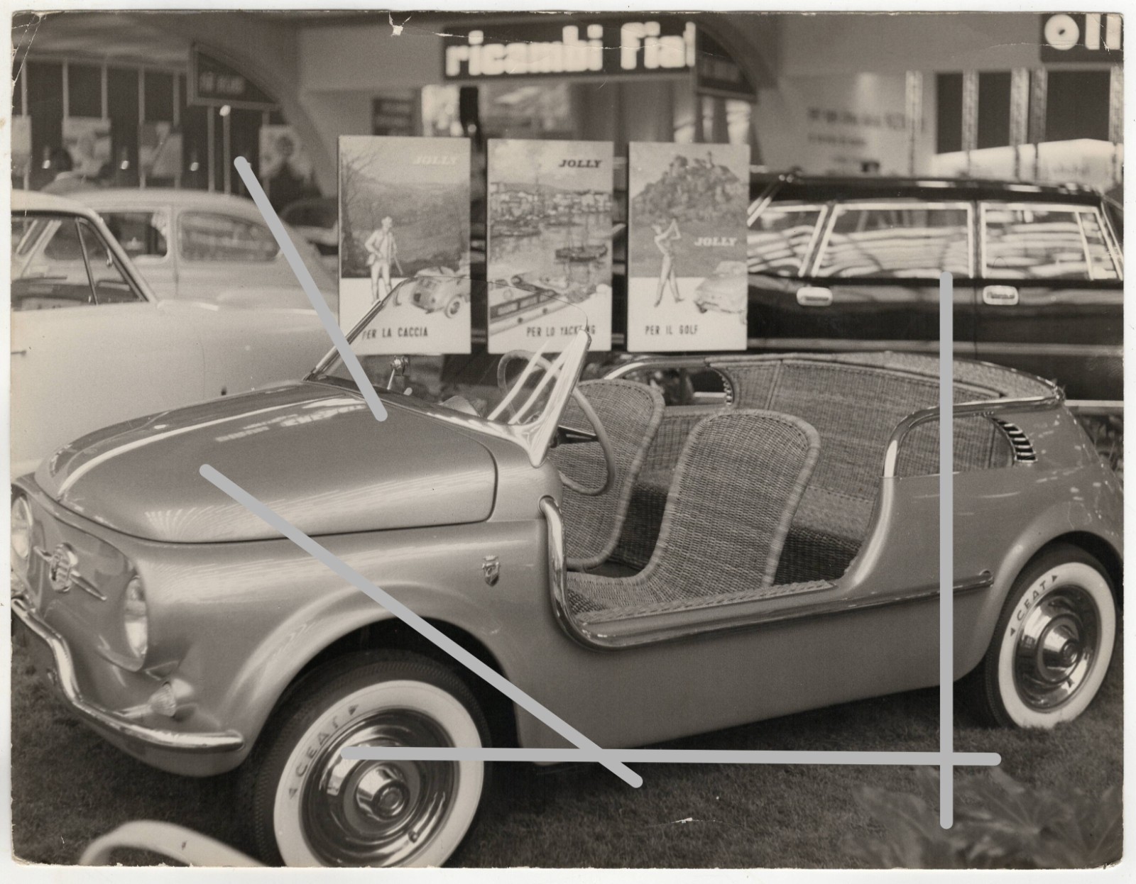 27x21cm Barite Photo 1959 Car Salon Turin Fiat 500 Jolly Ghia Convertible Roadster