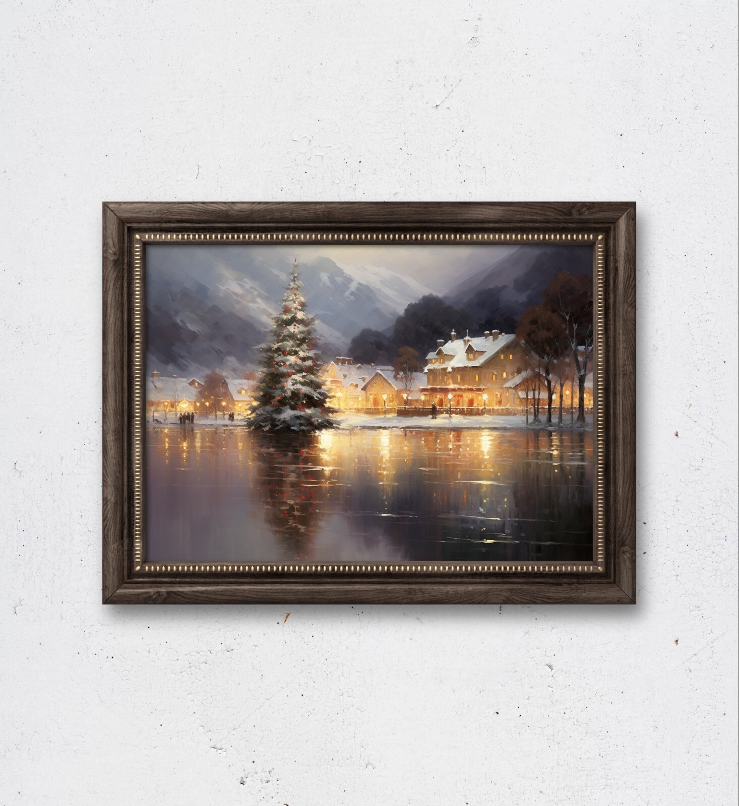 Christmas Image, Oil painting Style, Digital Download, Winter Town