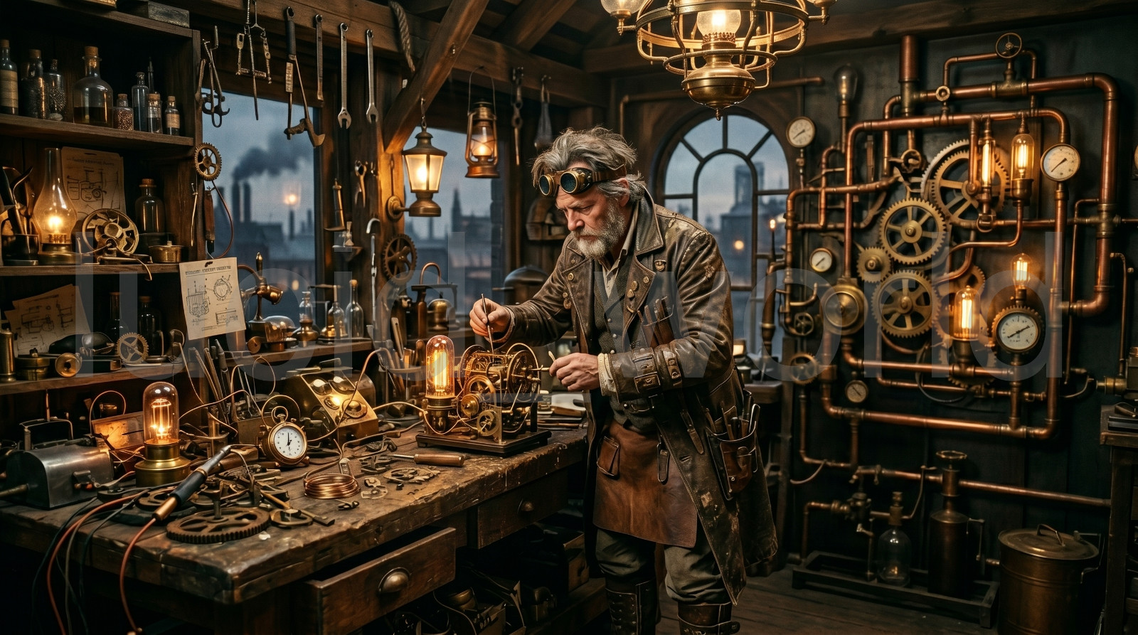 Steampunk Inventor Workshop Digital Art Download Vintage Clockwork Lab Poster