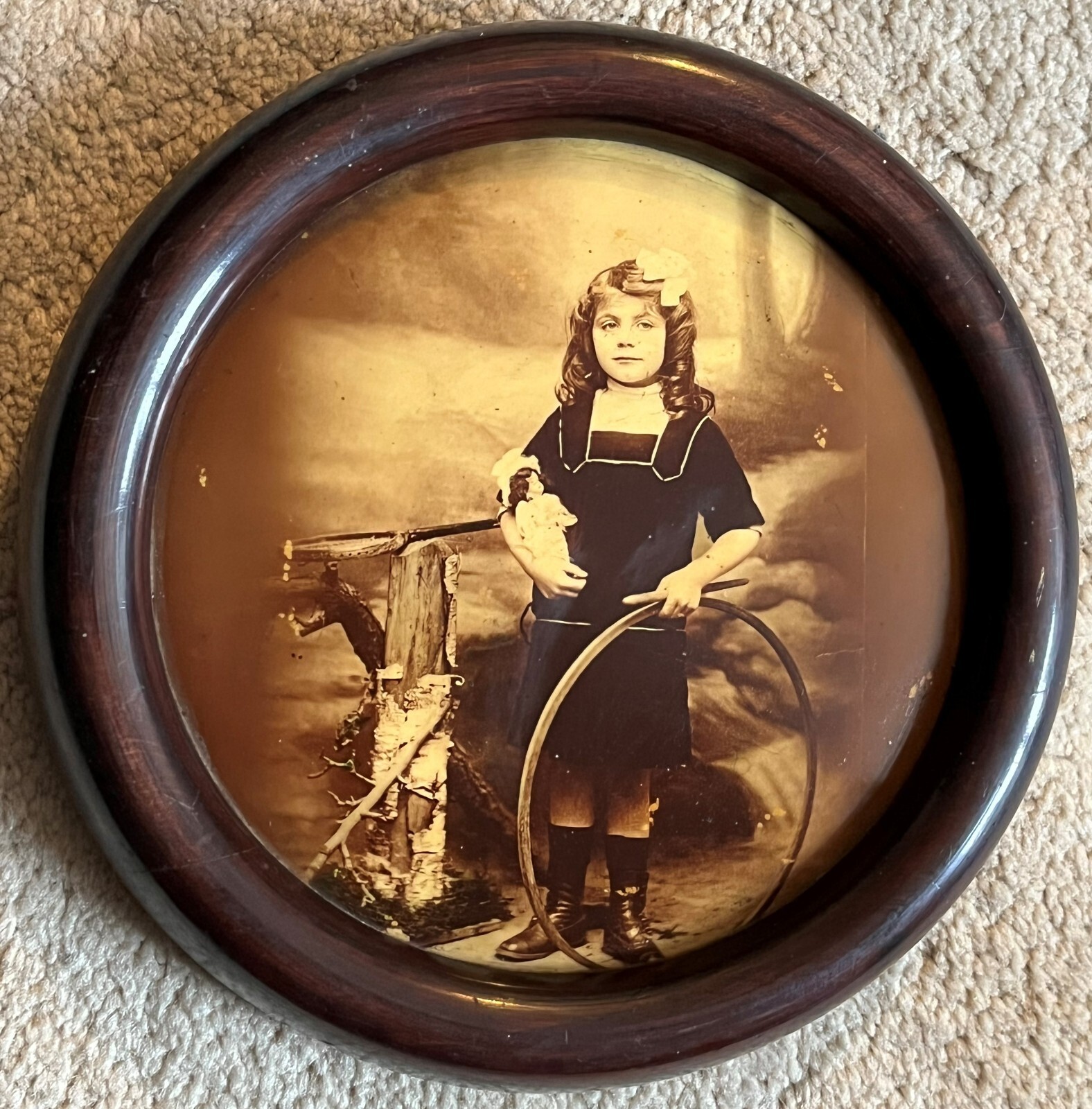 Circa 1900 Celluloid Photo Metal Locket Girl with Doll + Hoop Photo Columbia