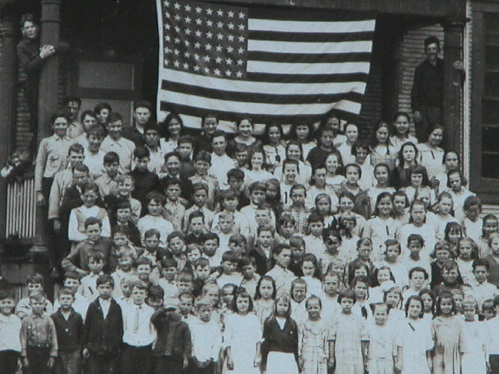 Vtg 30s B&W Photograph 48 Star Flag School Girls Boys Depression Era Americana