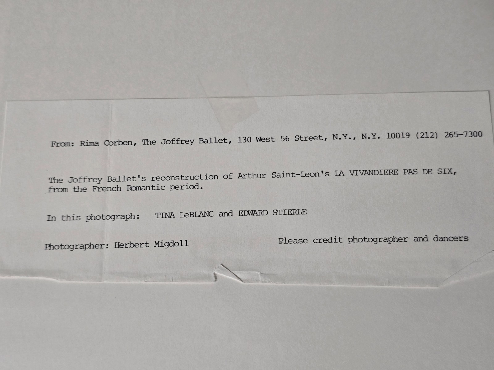 THE JOFFREY BALLET 8×10 HERBERT MIGDOLL PRESS PHOTO RIMA CORBEN DANCE 10″ DANCER