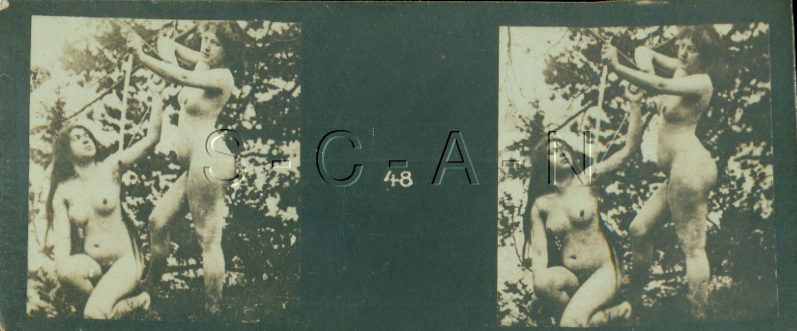 Org Antique Nude Real Photo- Double Stereoscope- 2 Women- Bow & Arrow- Outdoors