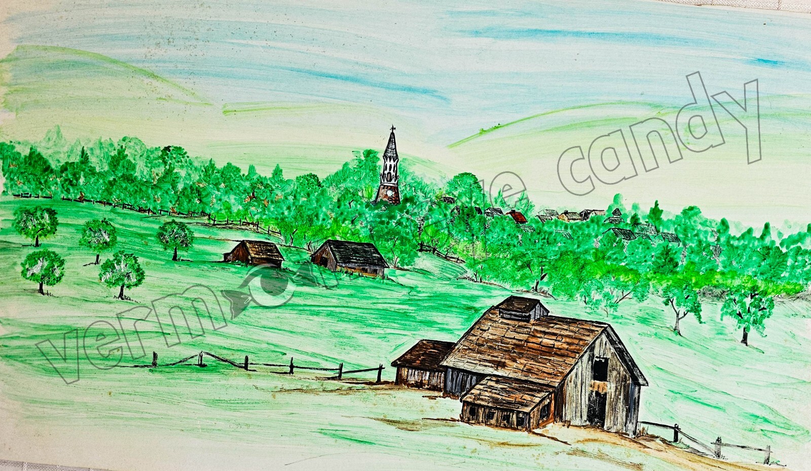 Village Landscape Farmhouses Church Steeple Art DIGITAL DOWNLOAD Wall Décor