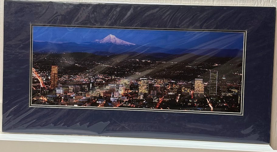 Portland Skyline at Night Photo Signed Sherrill Mt Hood Double Mat Panoramic Art