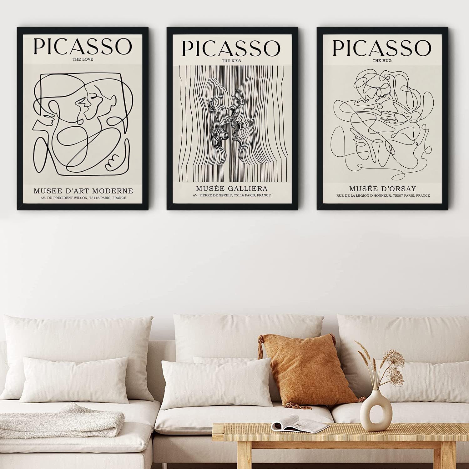Framed Picasso Abstract Female Line Wall Art Prints Set of 3 Picasso the Kiss, t