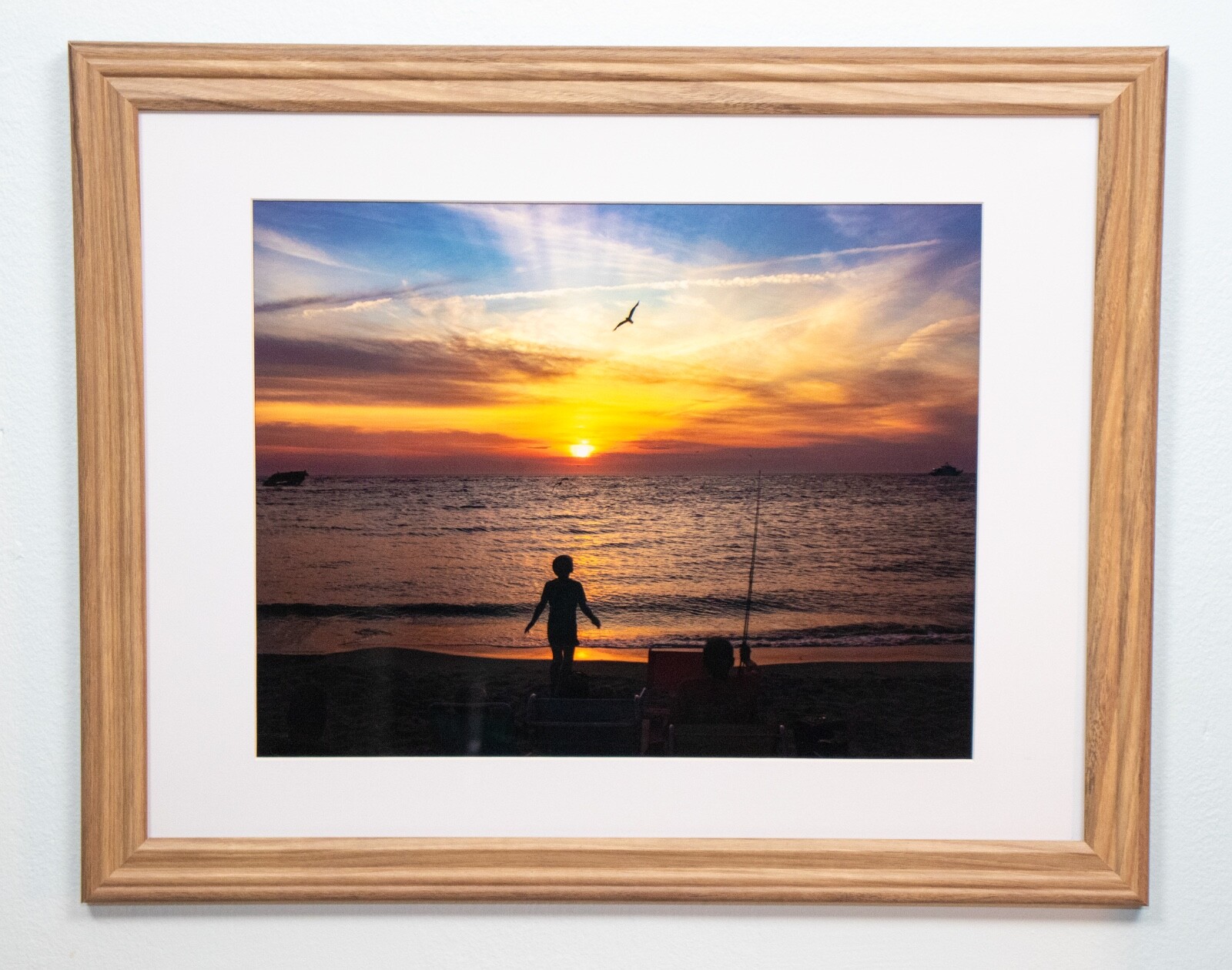 beach photographs in frames, colored photograph, ocean,sunset, framed and matted