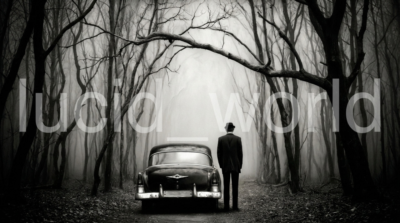 Vintage Noir Digital Art File Creepy Foggy Woods Classic Car Man in Hat Poster