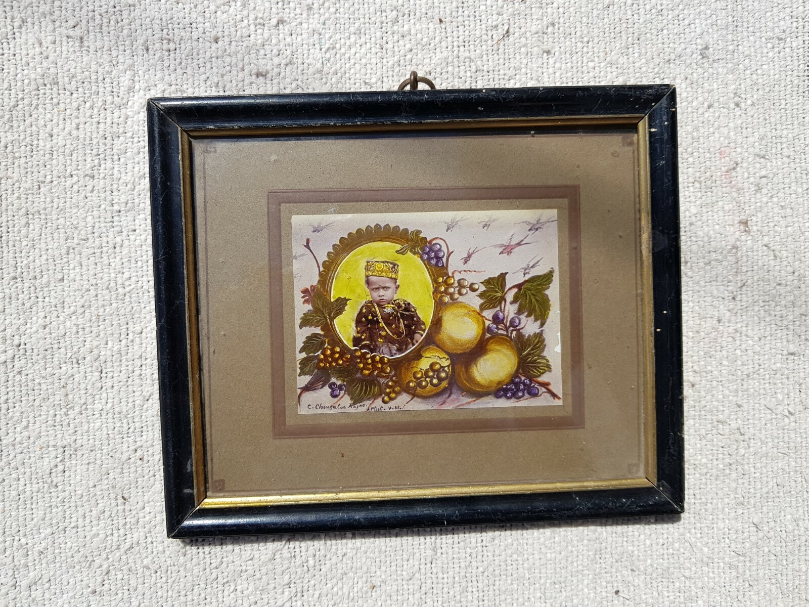 Vintage B&W Hand Colored Rich Man Child Frame In Fruits Camera Photograph PR95