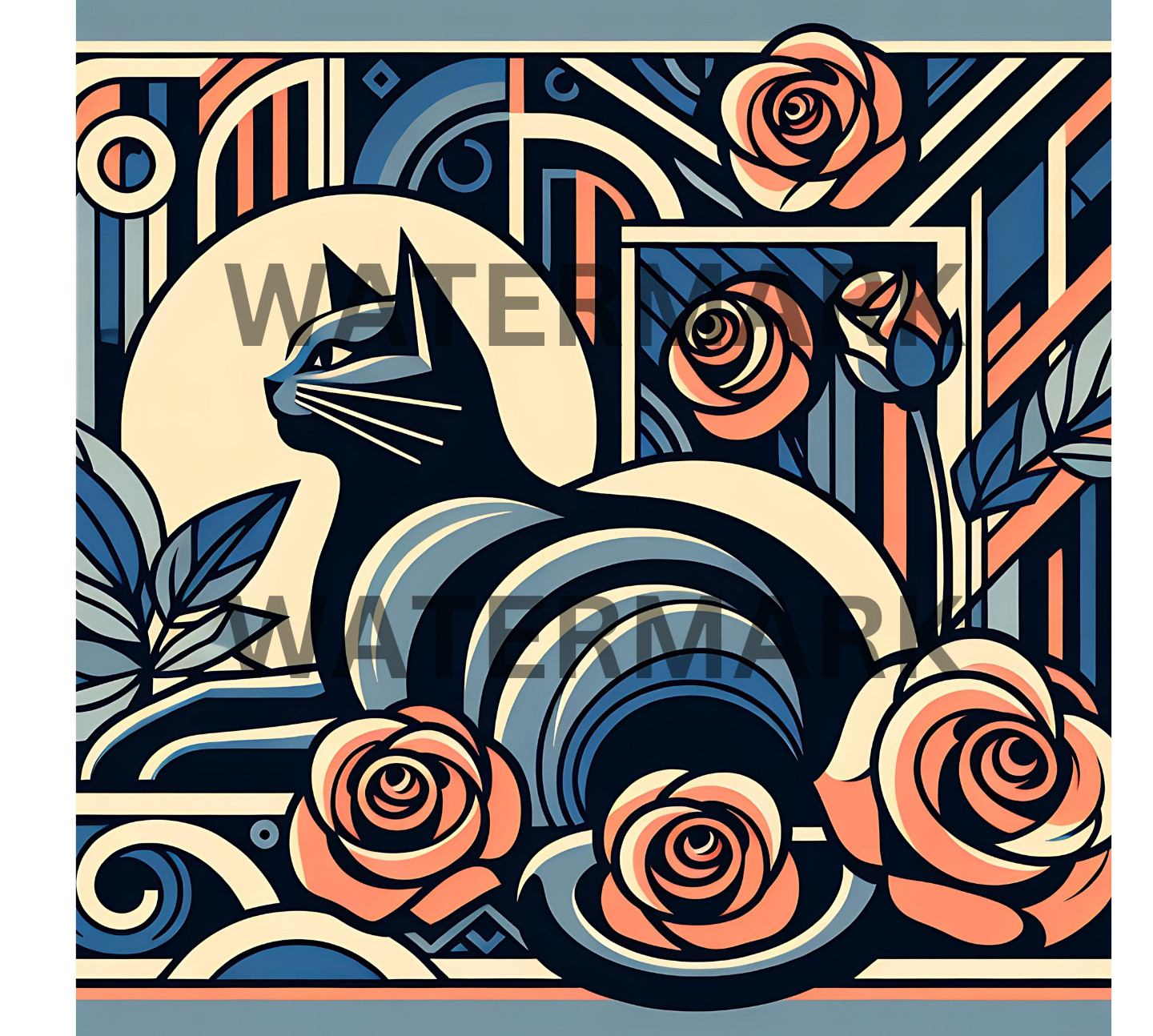 Digital Photo Image Cat and Roses Art Deco Art Wallpaper Desktop