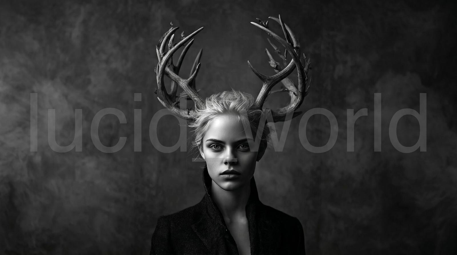 Dark Fantasy Deer Woman Portrait Gothic Wall Art Digital Download B&W AI File