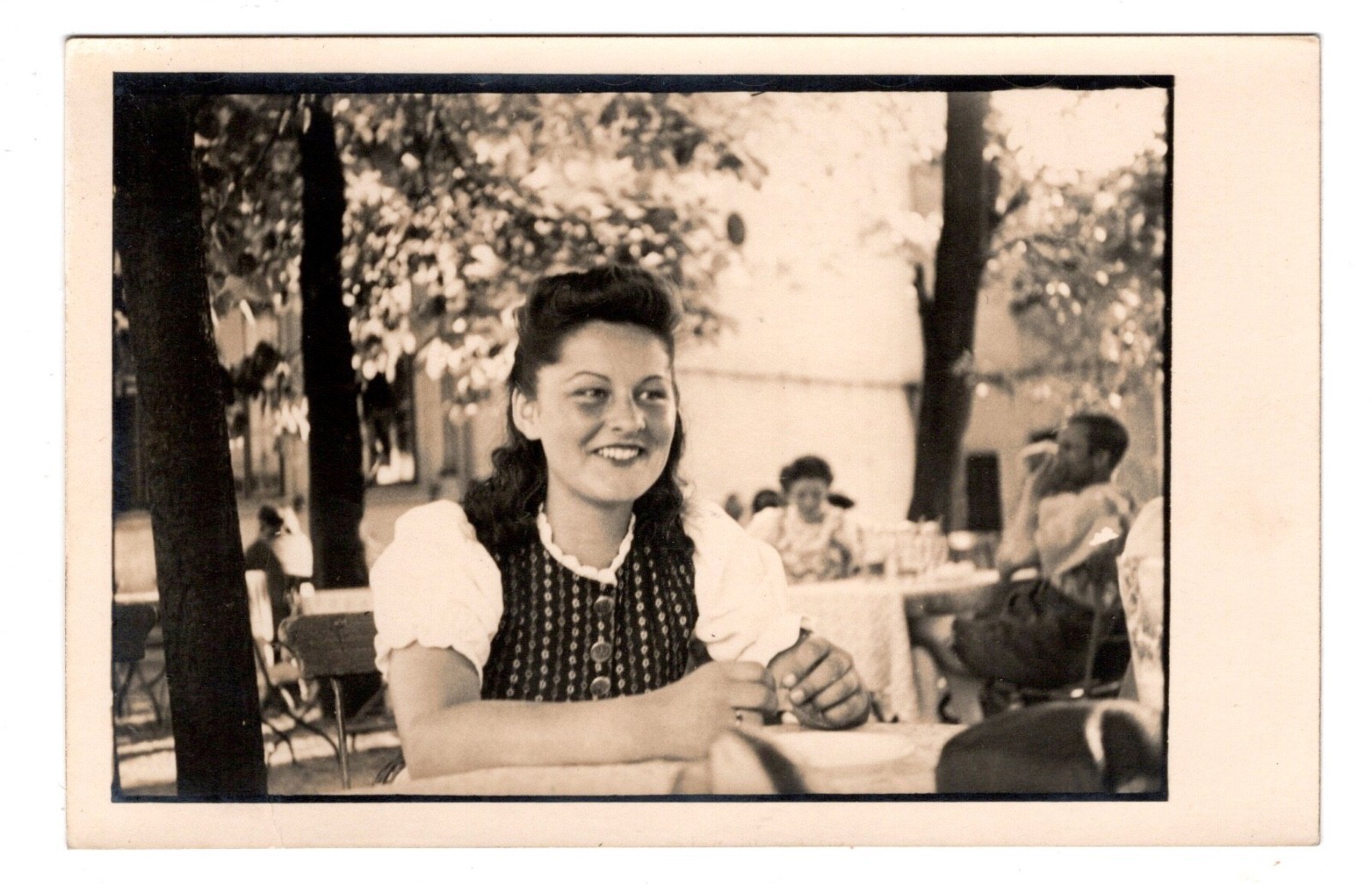 RPPC 1940s Pretty Woman in Beer Garden Costume Summer Scene Vintage Photo Rare