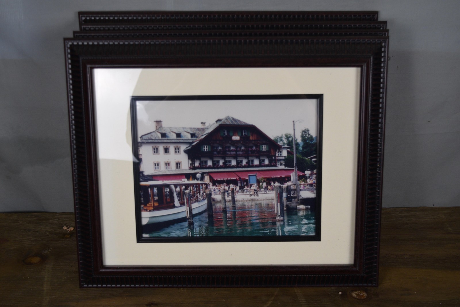 Lakeside Alpine Chalet Boats Pier Framed Matted Color Photo Print Wall Art
