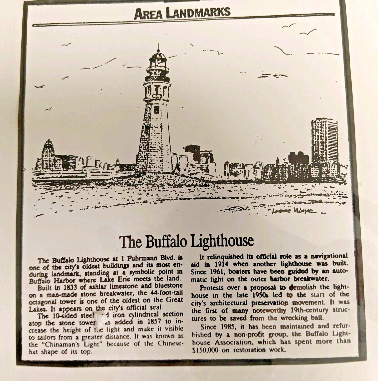 Photograph of Buffalo Lighthouse – TOTAL SIZE11″X14″, PHOTO SIZE 8″X11″ SIGNED