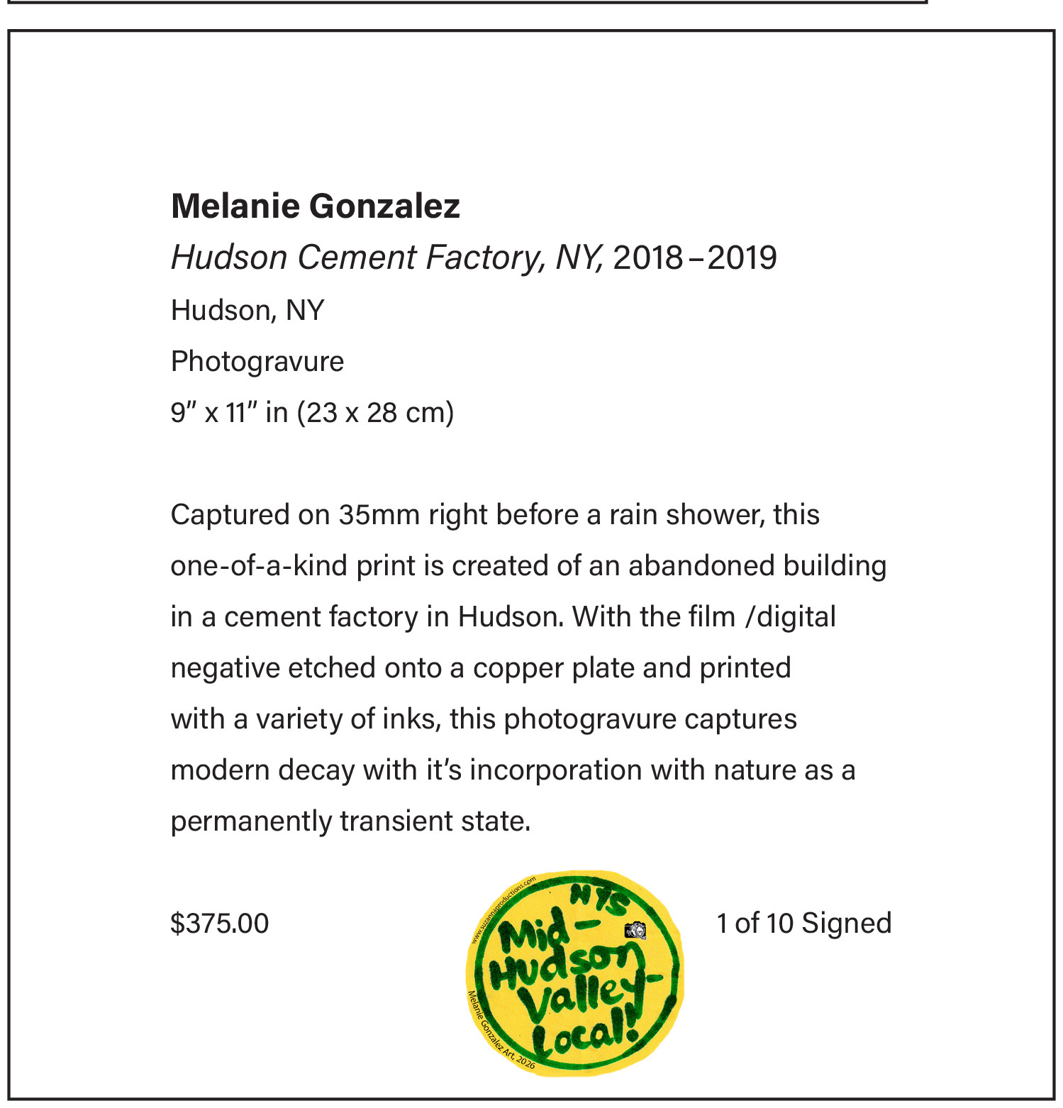 Hudson Cement Factory, NY, 2018–19, Photogravure, 9 x 11 in by Melanie Gonzalez