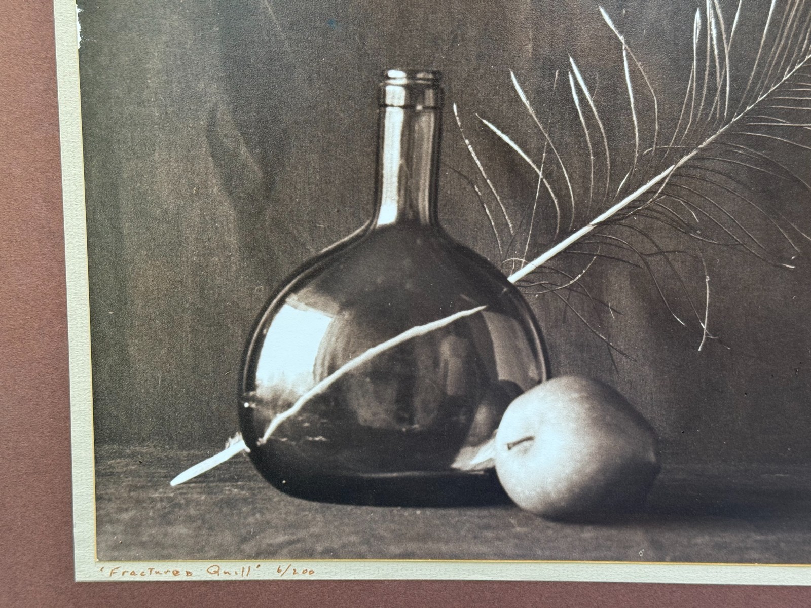 LEON KOSOFSKY SIGNED PHOTOGRAPH FRACTURED QUILL APPLE FEATHER WINE BOTTLE ART