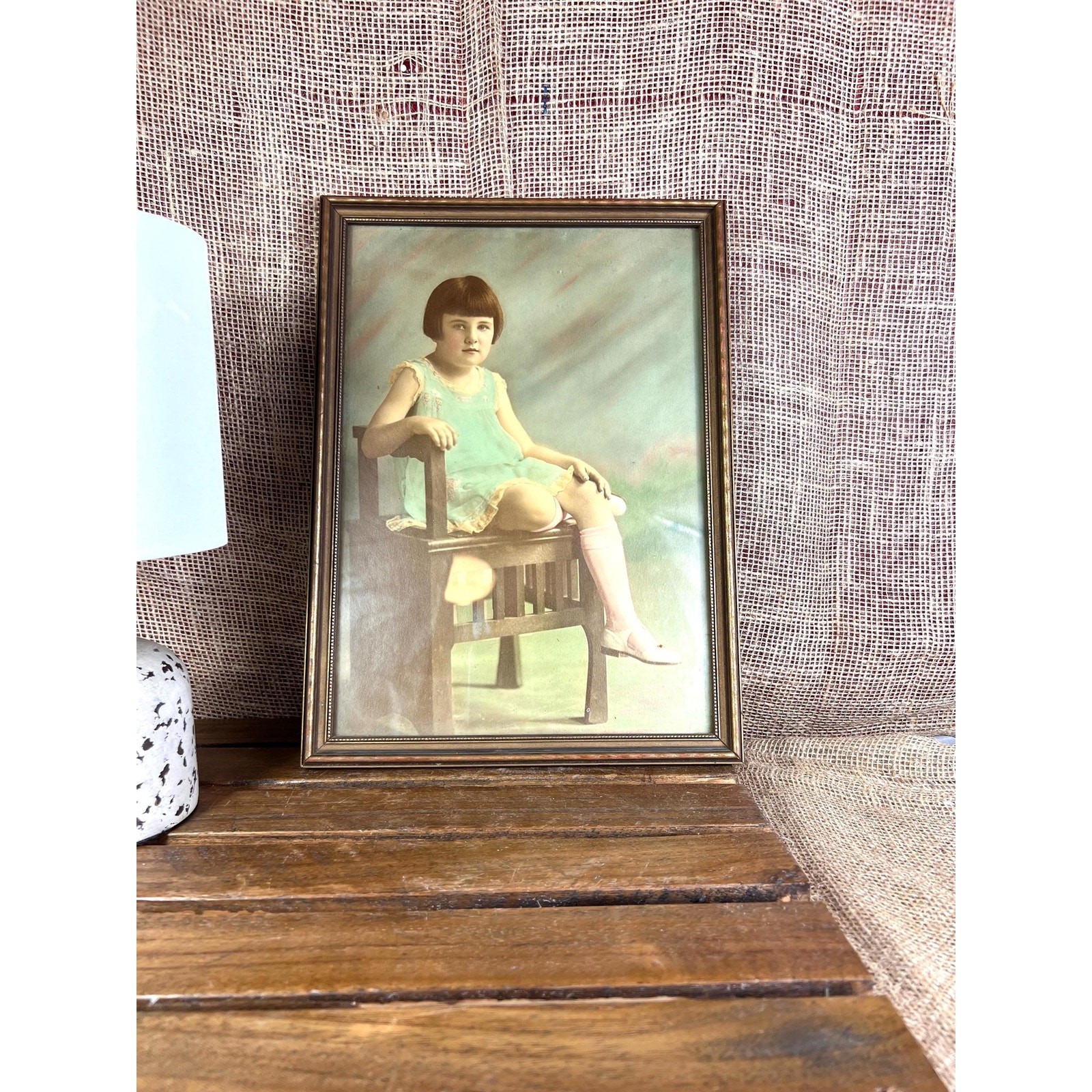 Hand-Tinted Child Portrait Photo – 1920s Framed –Pastel Tinting, Wood Frame