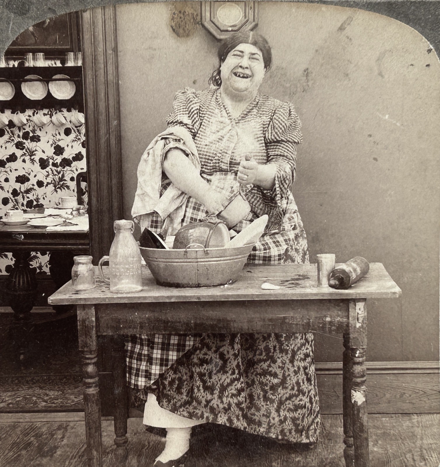 Humorous Kitchen Scene Funny Genre Scene 1900 Stereo Vintage Original Photo