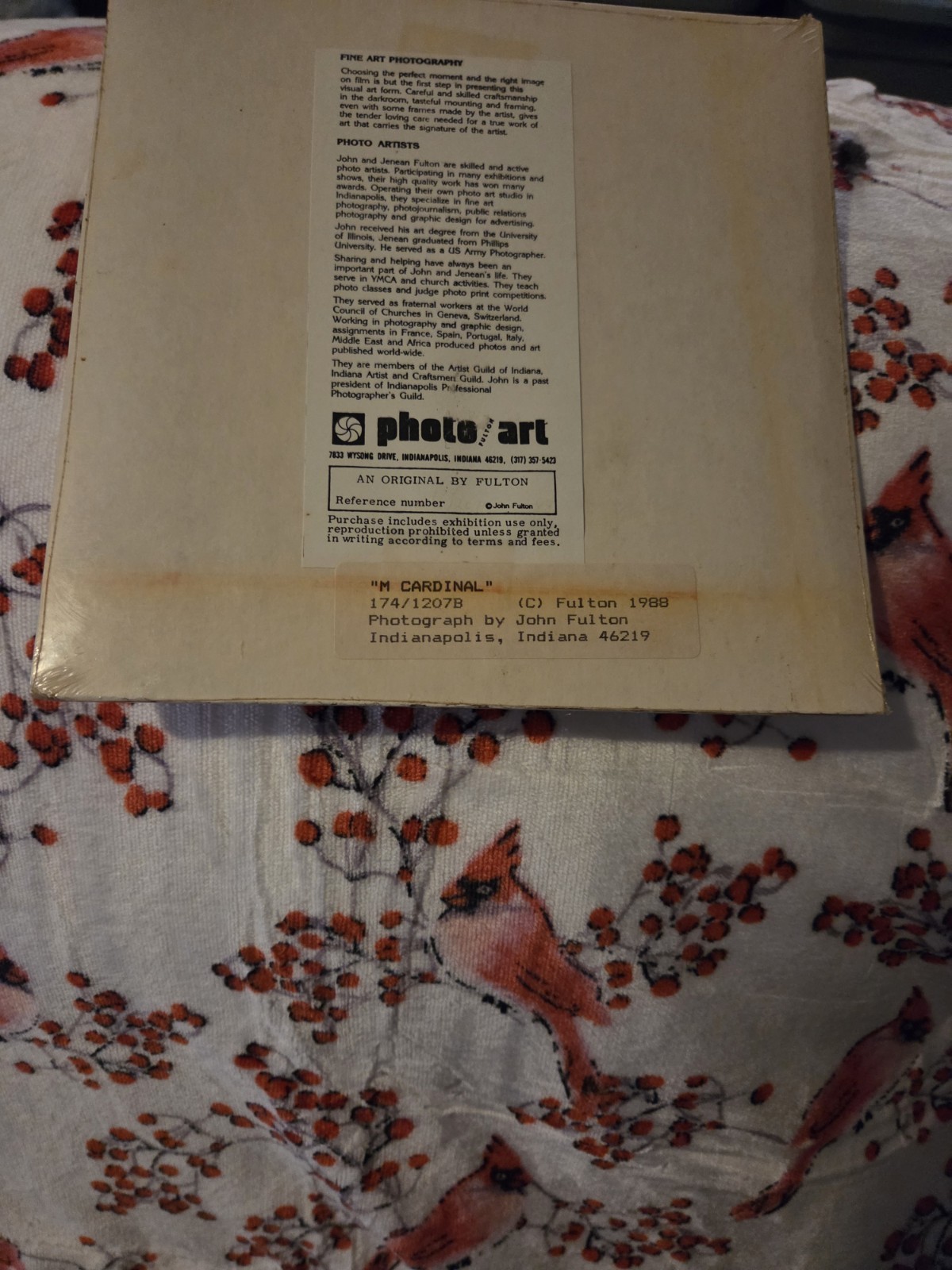 New Sealed John Fulton Original Photo Art Red Cardinal Numbered Signed 1988
