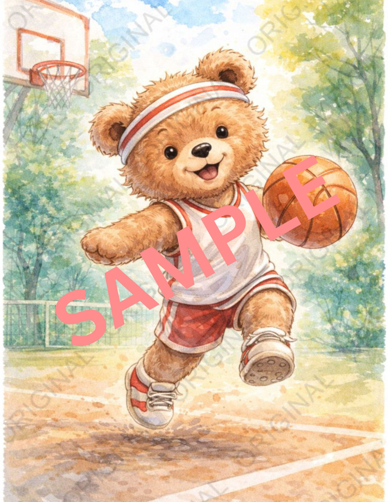 Digital Watercolor Photo of Bear Playing Basketball.