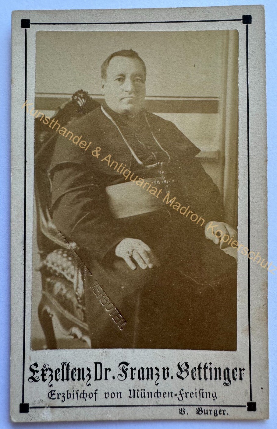 orig. CDV photo excellence Dr. Franz von Bettinger around 1880 Munich Freising bishop