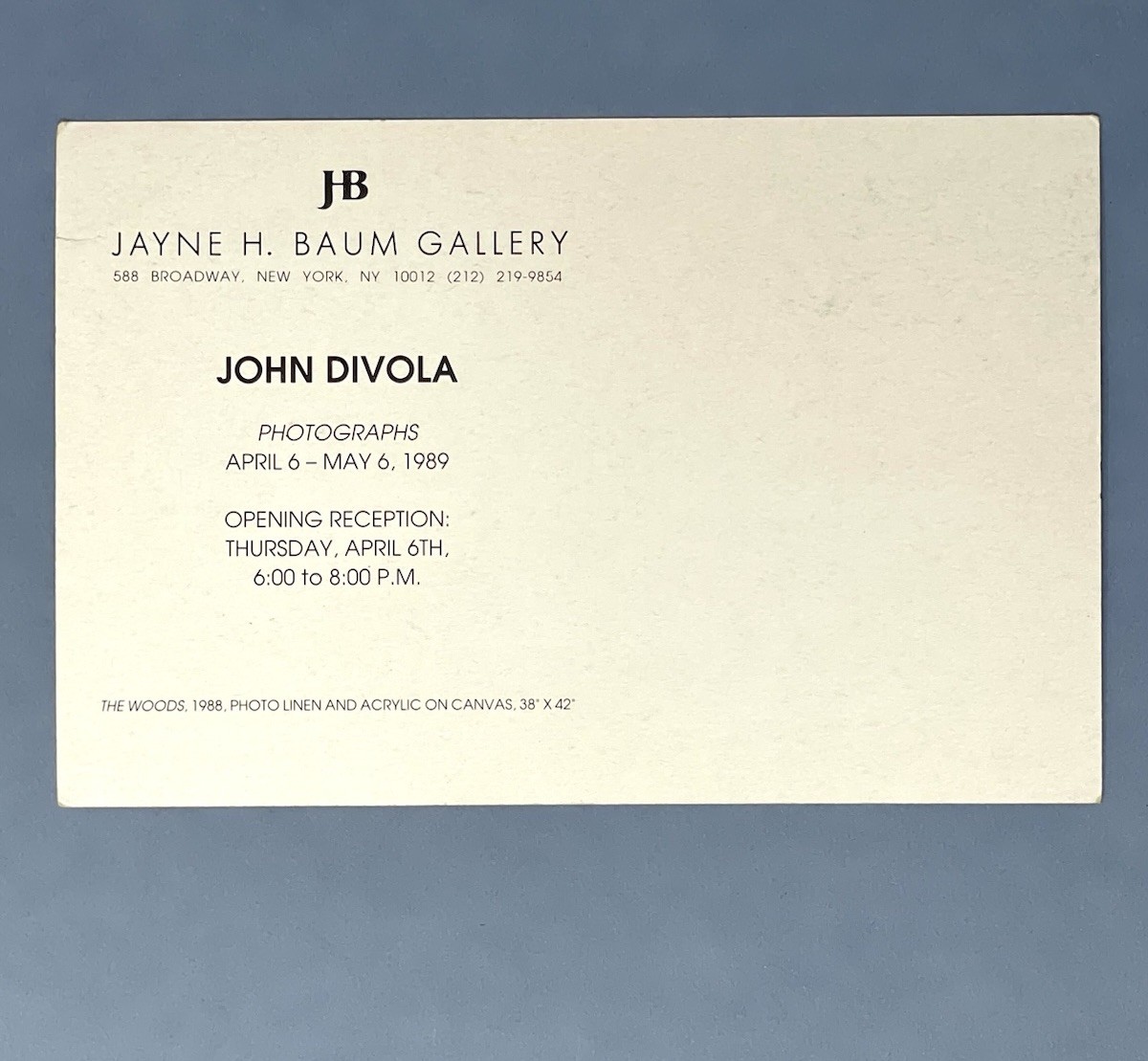 John Divola (b. 1949) Art Announcement Card 1989 – Baum Gallery NYC