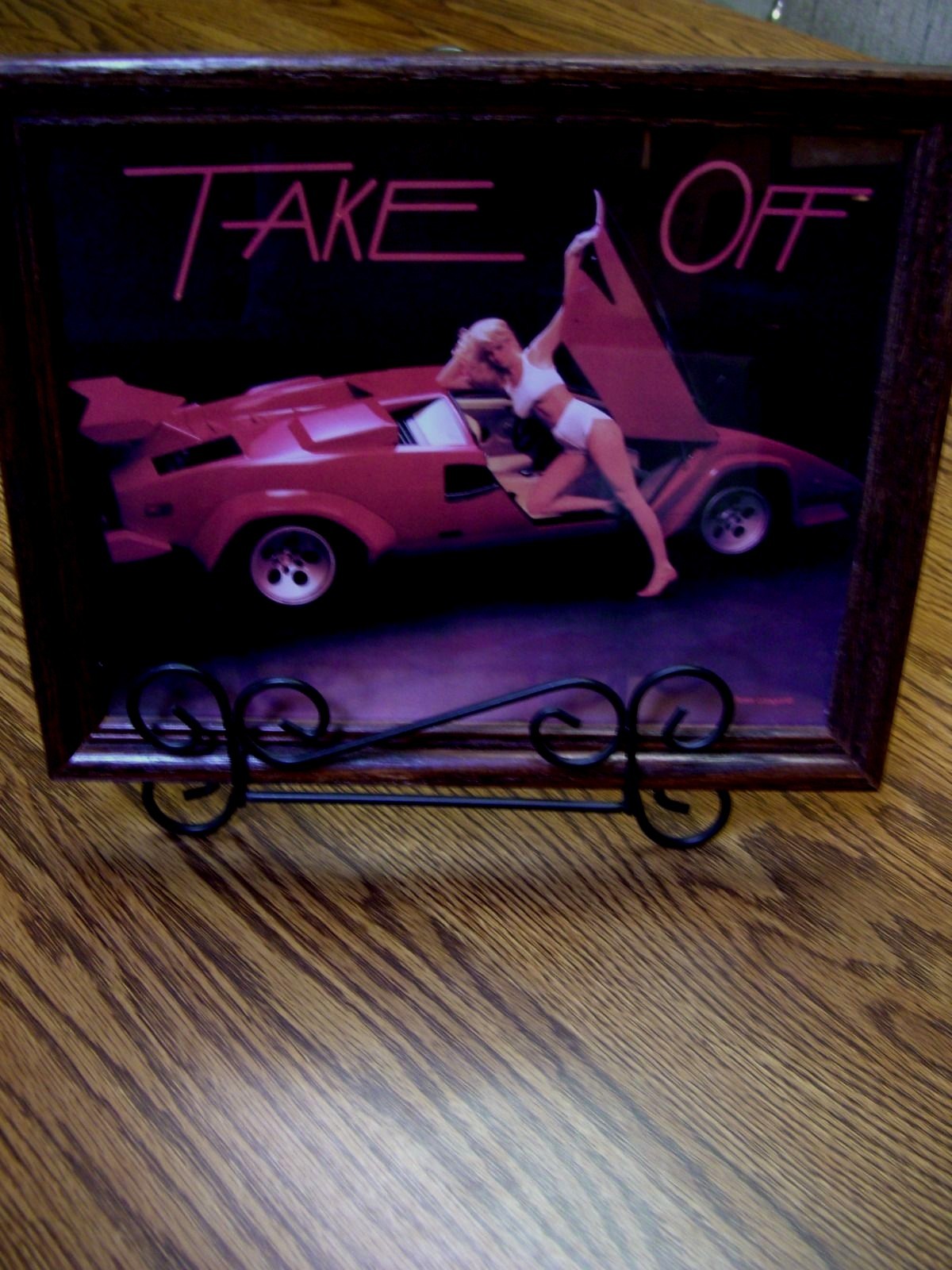 Vintage Peter Langone Photo/Red Sports Car/Sexy Girl//Dark Oak Wood Frame/11×9