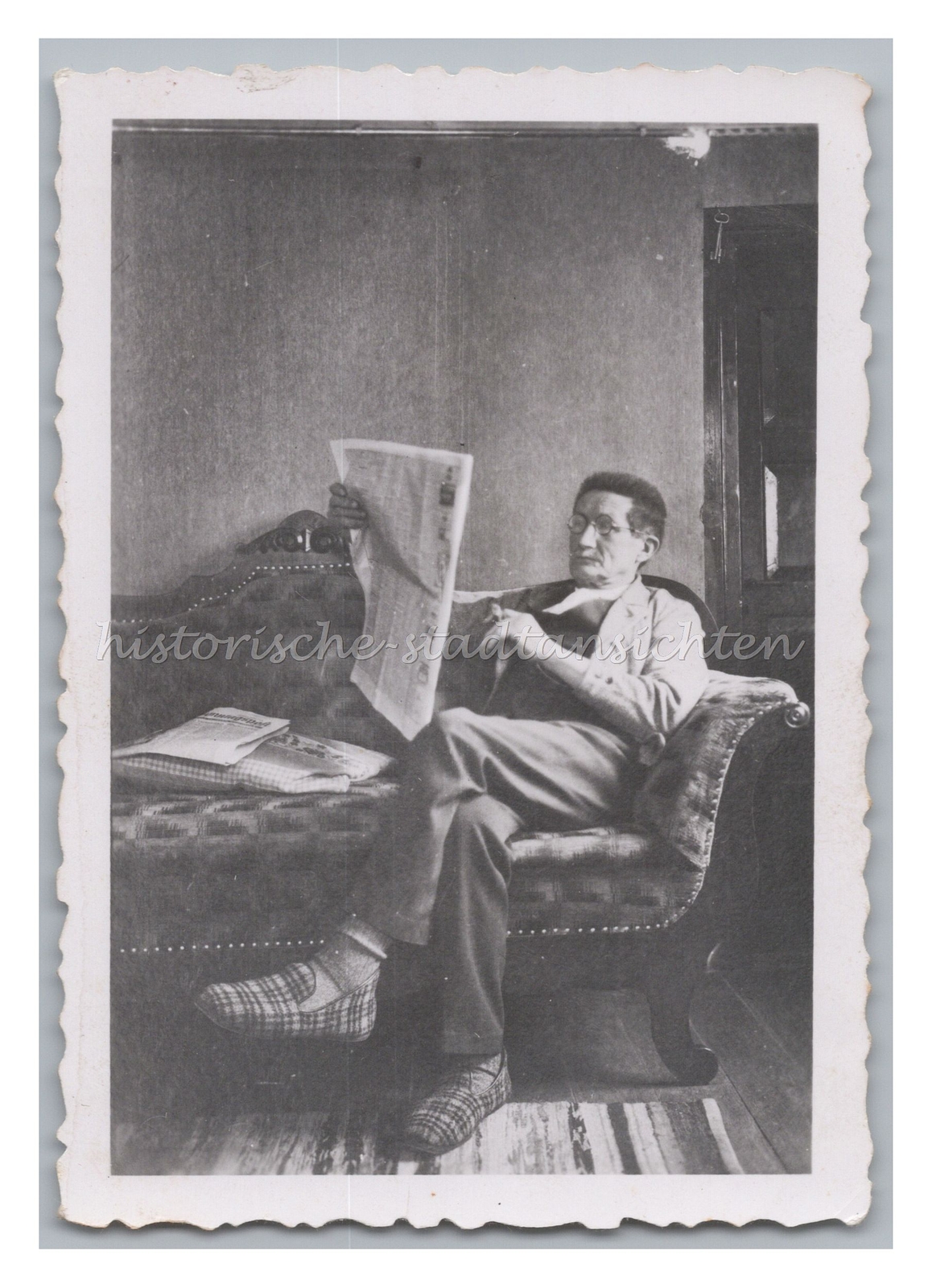 Portrait – Man Reading Newspaper on Sofa – Photo as Painted – Vintage Photo 1930s