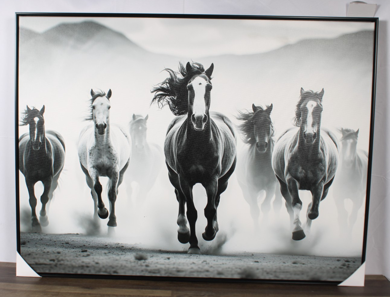 Large Running Horses Canvas Wall Art Black White Framed 40×30 Modern Decor