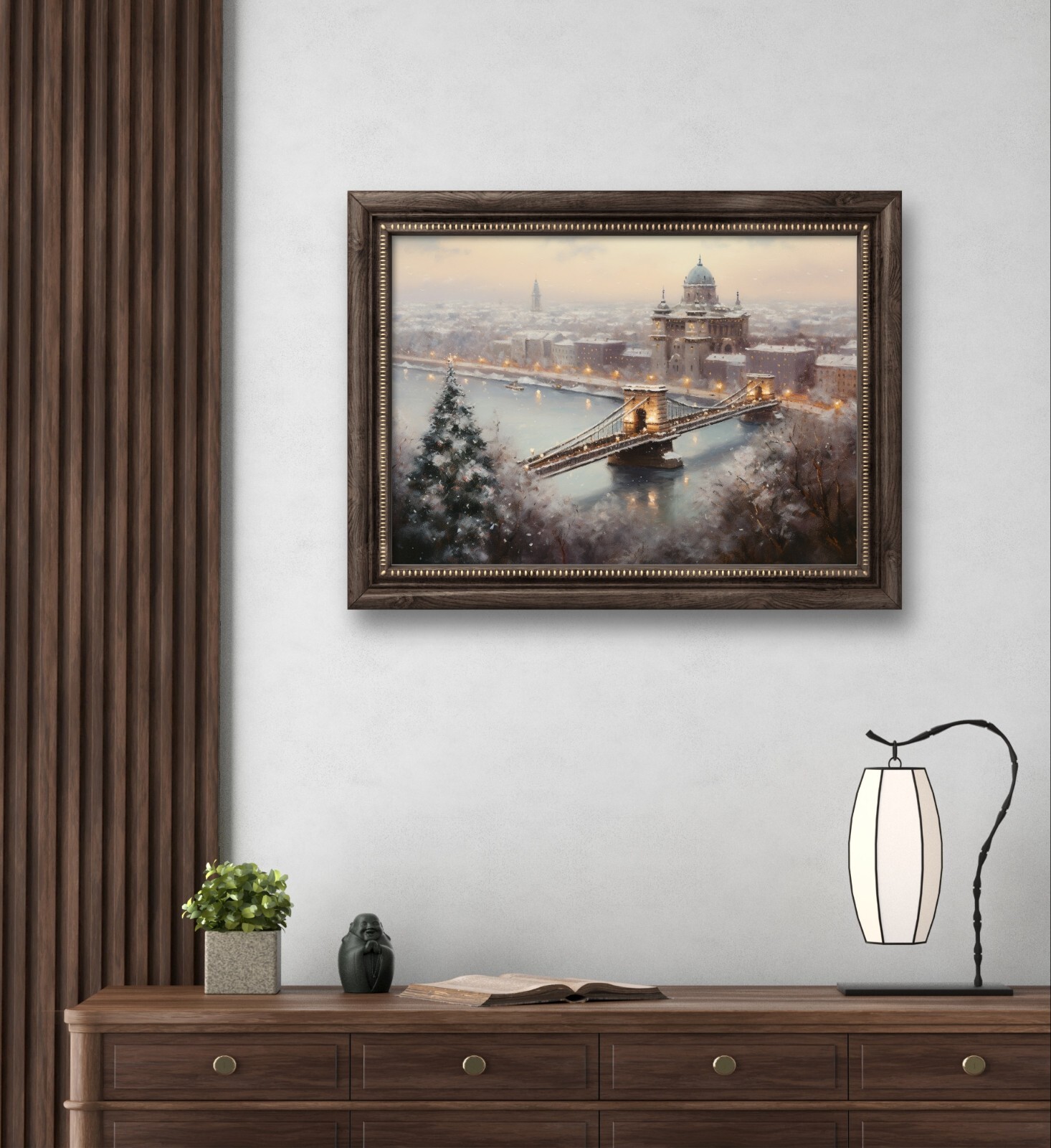 Vintage Winter Painting, Snowy Bridge Art, Printable Download, Snow Scenery
