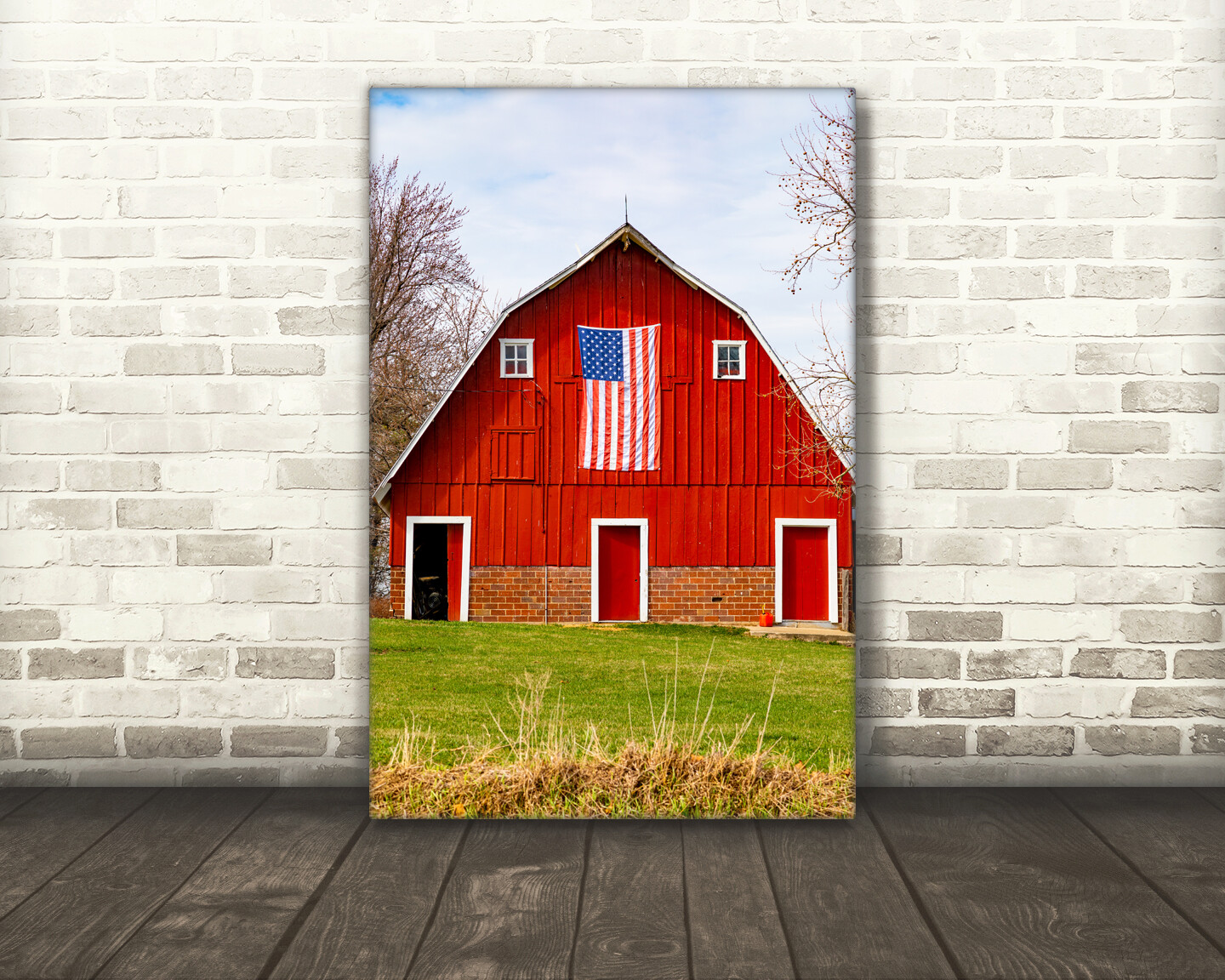 Red barn photography print American flag wall art picture country home decor