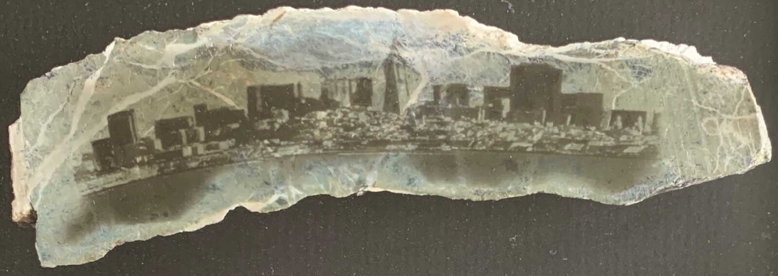 Cynthia Biles – San Francisco Skyline on sliced rock, matted and framed 2013
