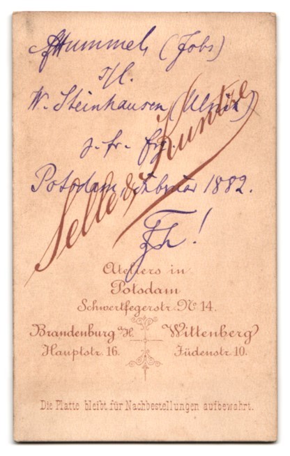 Photograph Selle & Kuntze, Potsdam, Schwertfegerstrasse 14, W. Steinhausen 1882