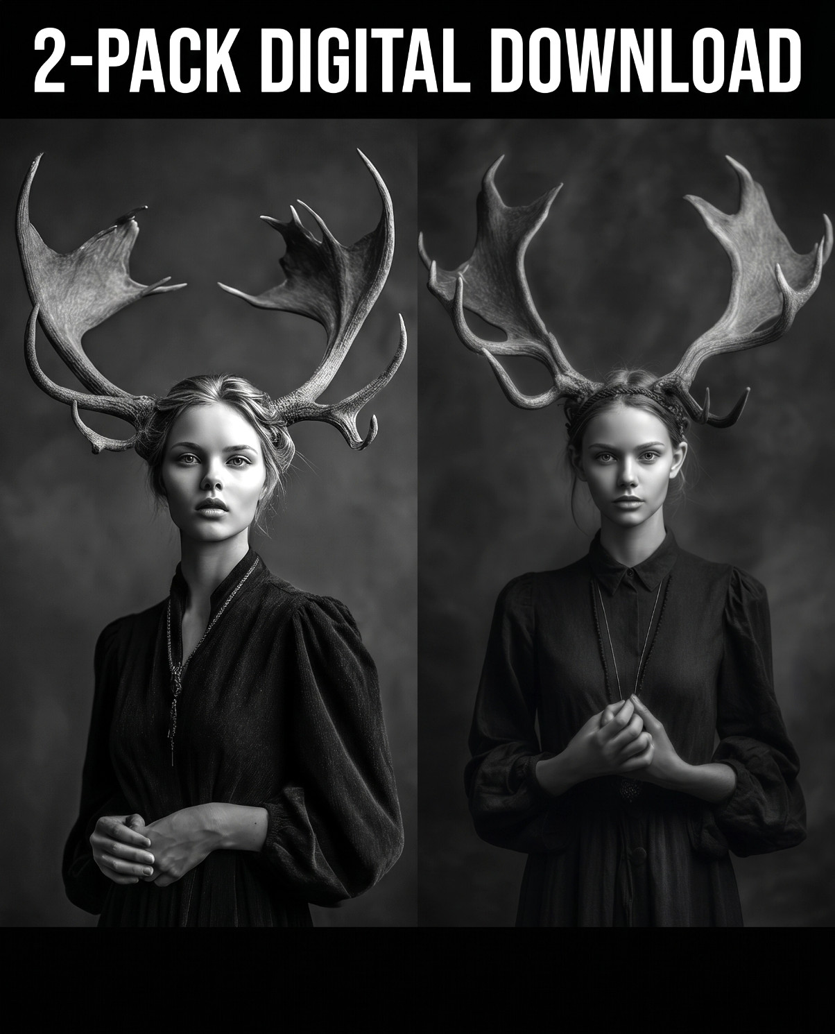 Dark Fantasy Deer Woman 2 Portraits Gothic Wall Art Digital Download B&W AI File