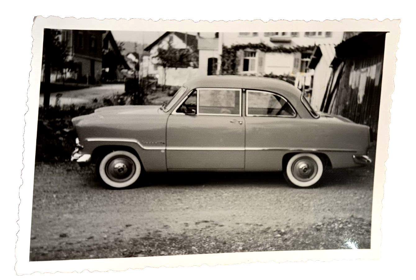 Vintage Photograph Old Car Ford Taunus 1950? Simca Car? European Village 4 x 3