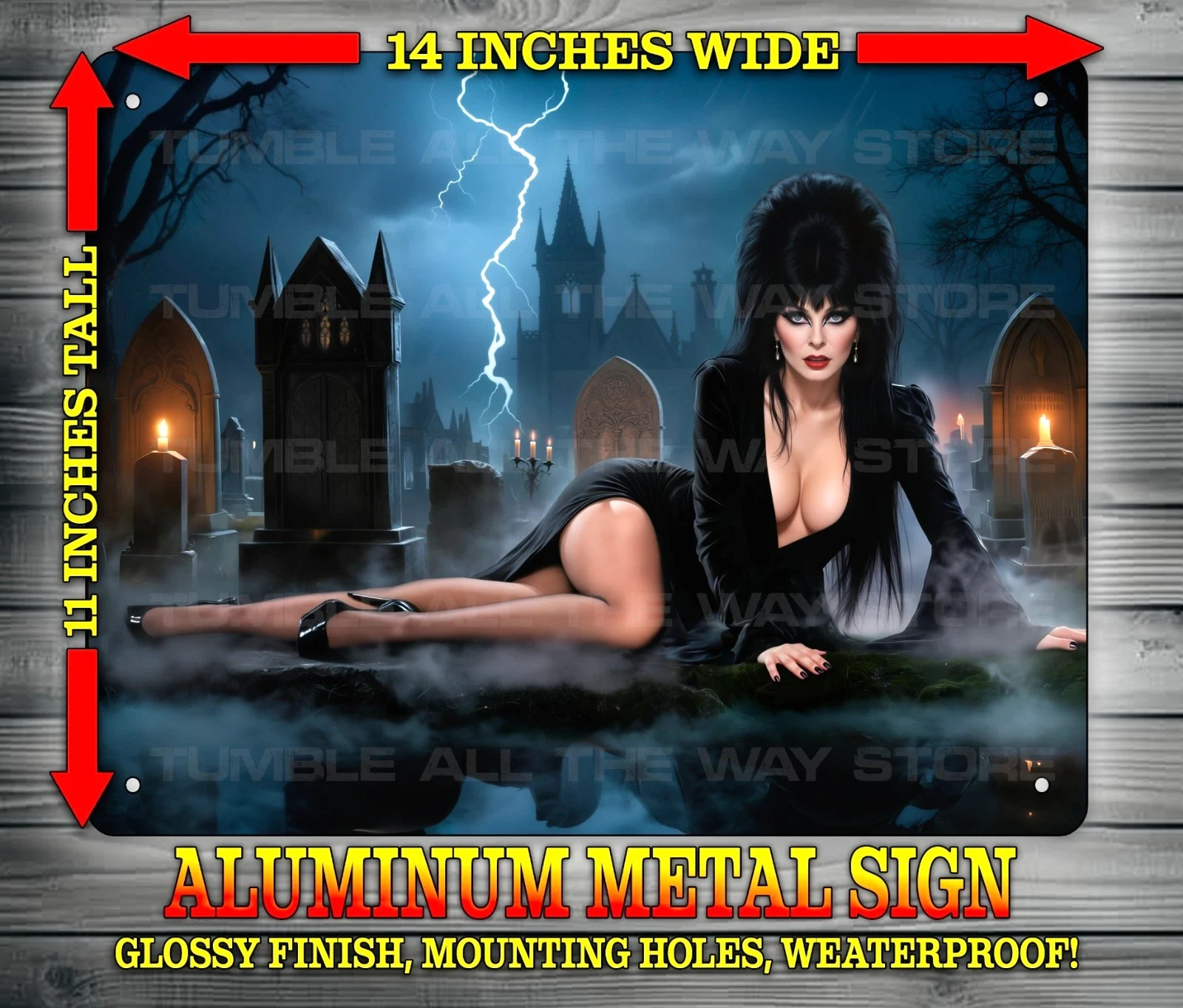Sexy Elvira Mistress of the Dark in Graveyard Metal Sign Art 11″x 14″