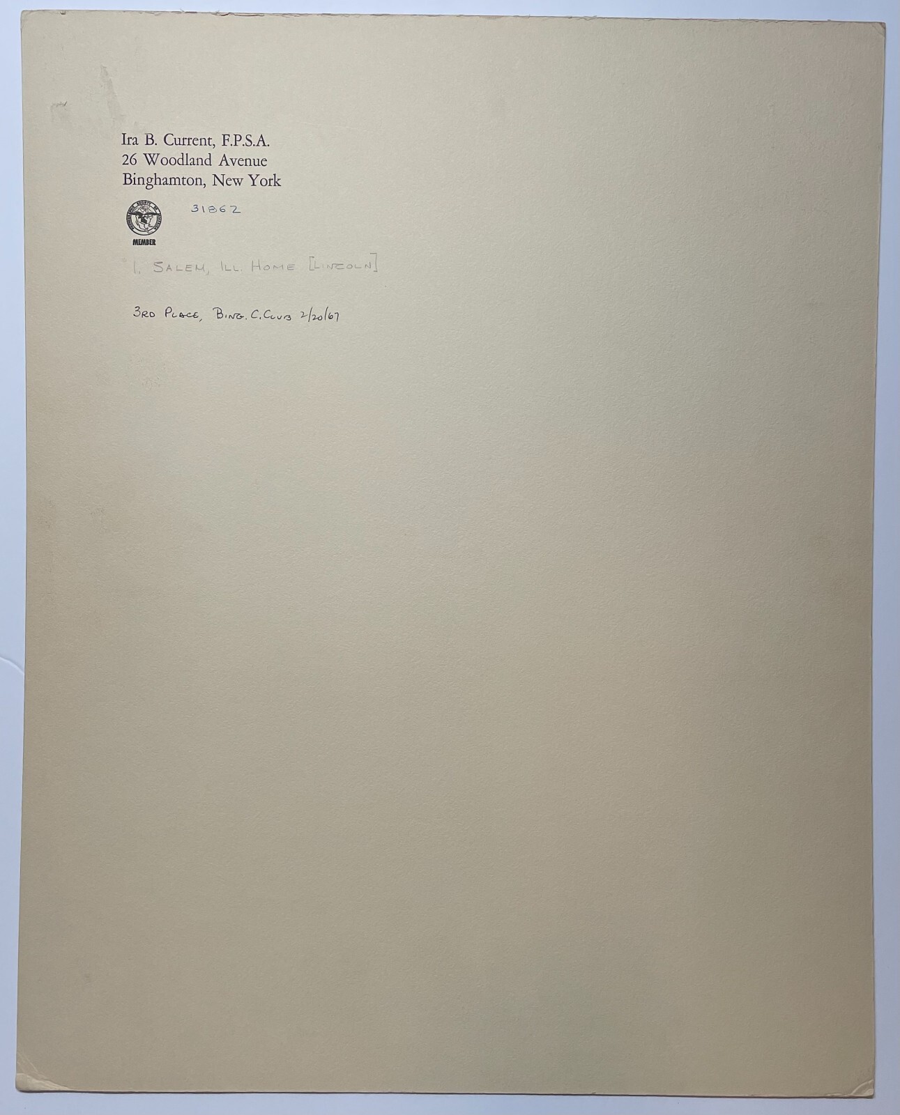 Original 1967 IRA CURRENT ‘Salem Illinois Home of ABRAHAM LINCOLN Photograph